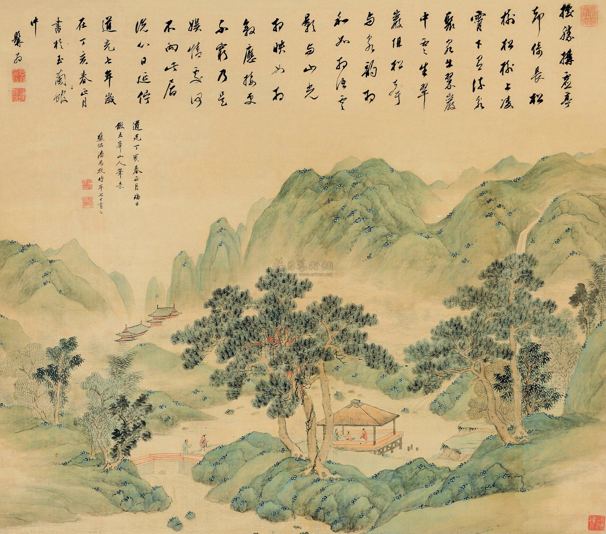 1213 丁亥(1827)年作 松亭听琴 立轴 设色绢本