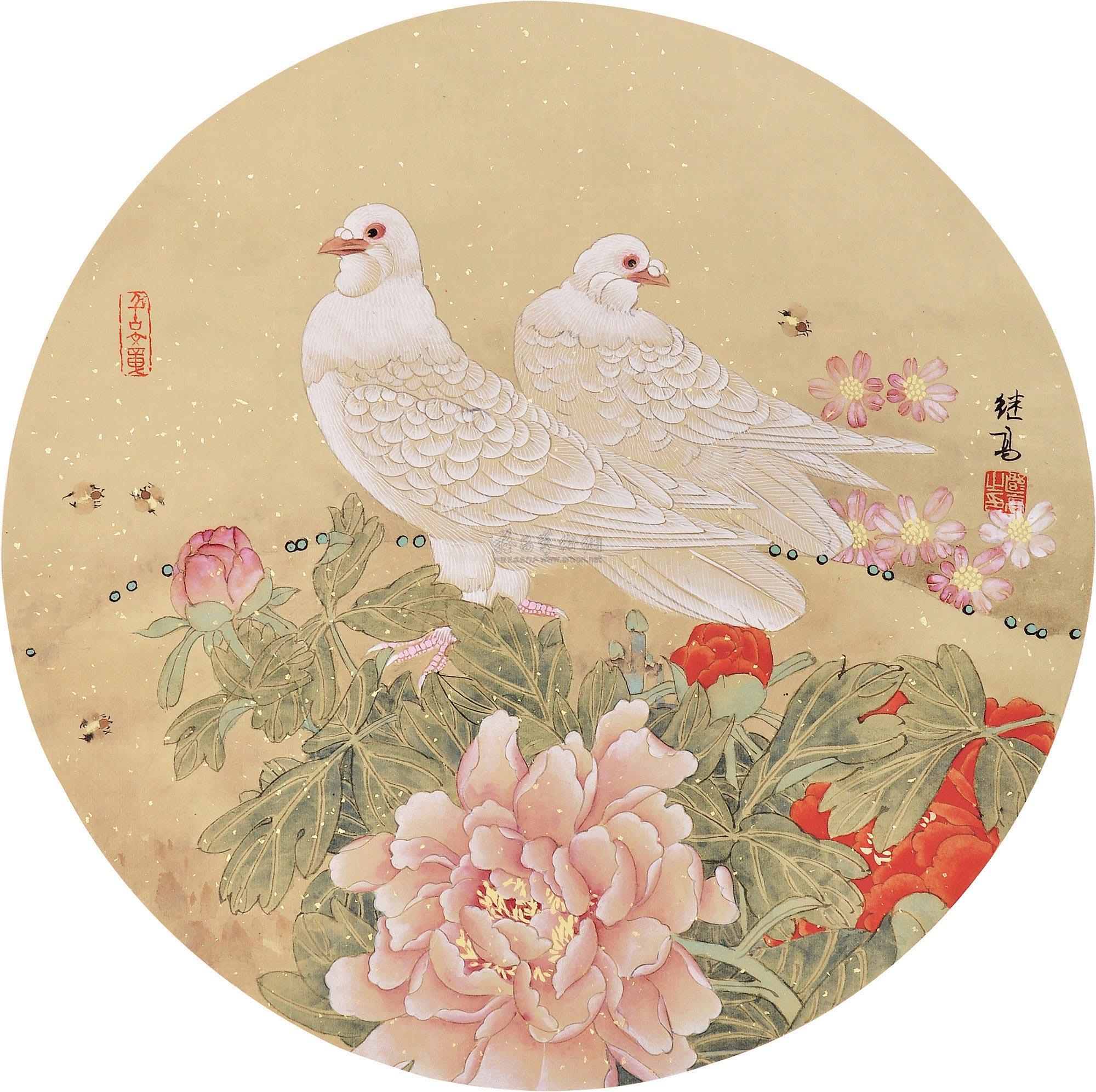 0148 双鸽图 镜心 设色纸本