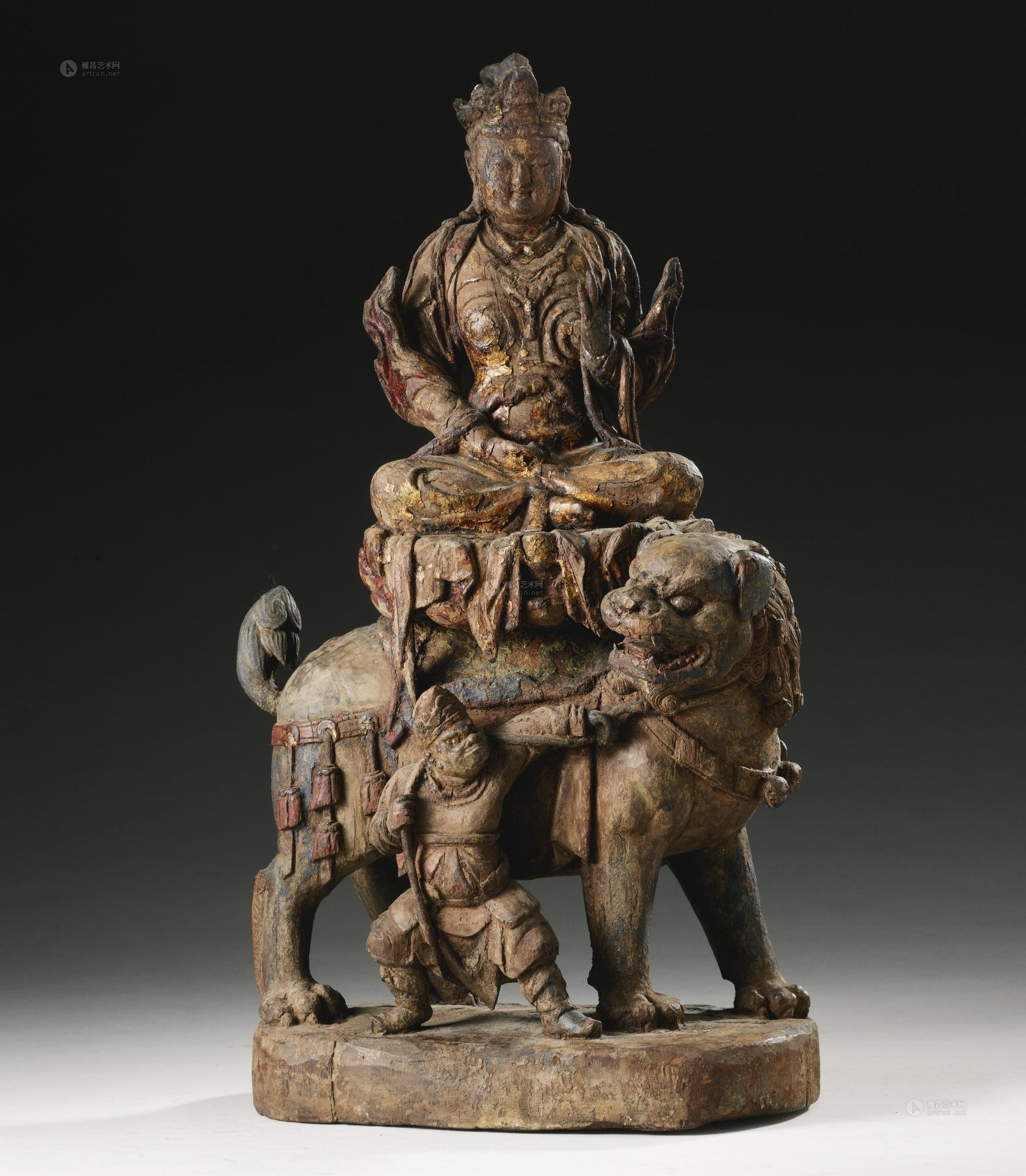 0197 元 木雕漆金加彩文殊菩萨骑狮像