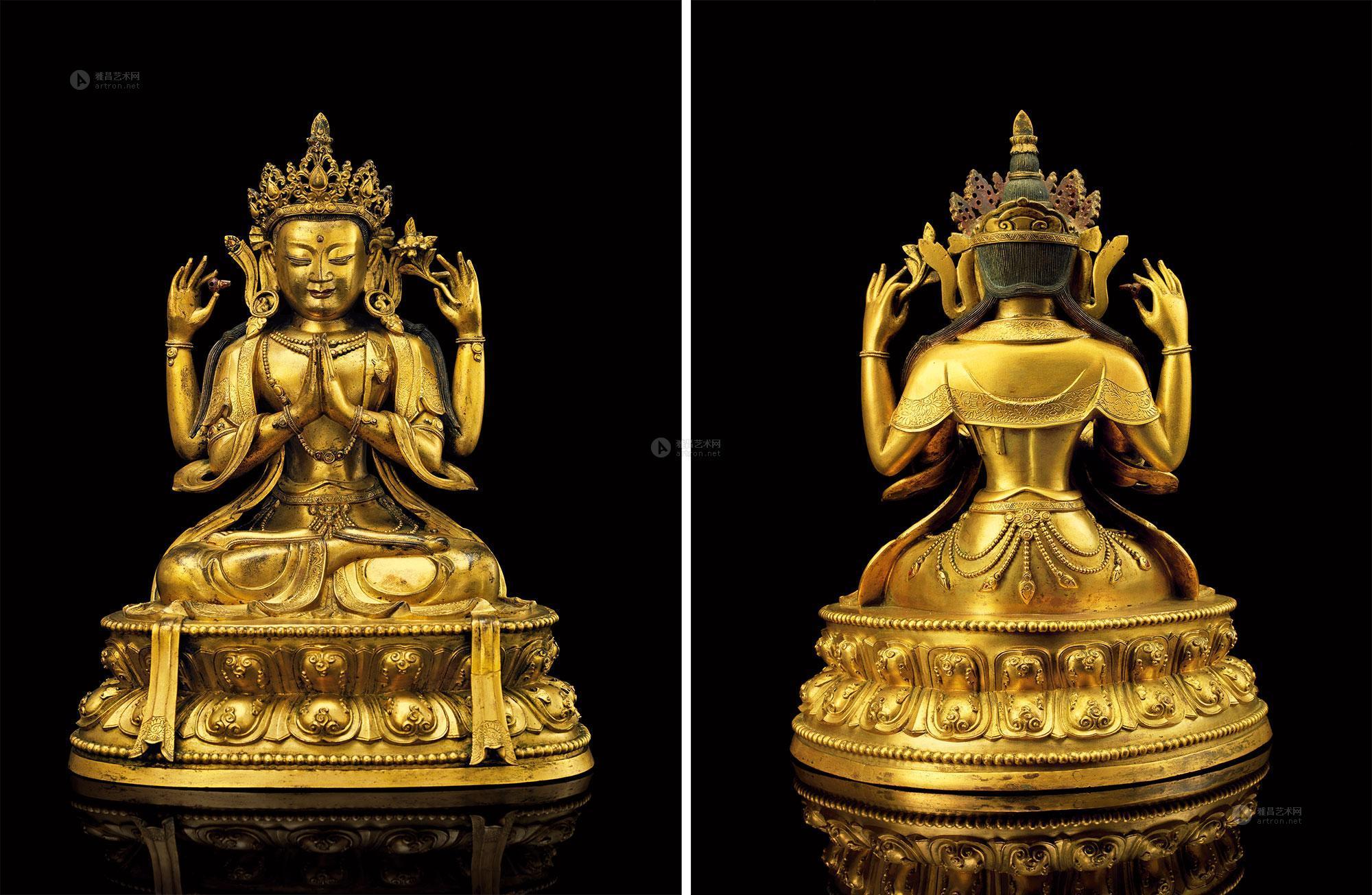 *2083 清康熙(17世纪) 铜鎏金四臂观音菩萨像