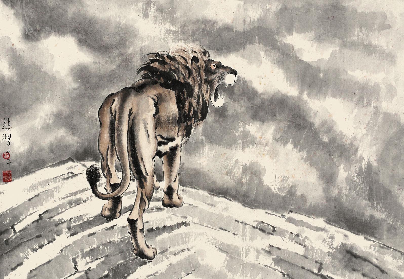 0297 醒狮图 镜片 设色纸本