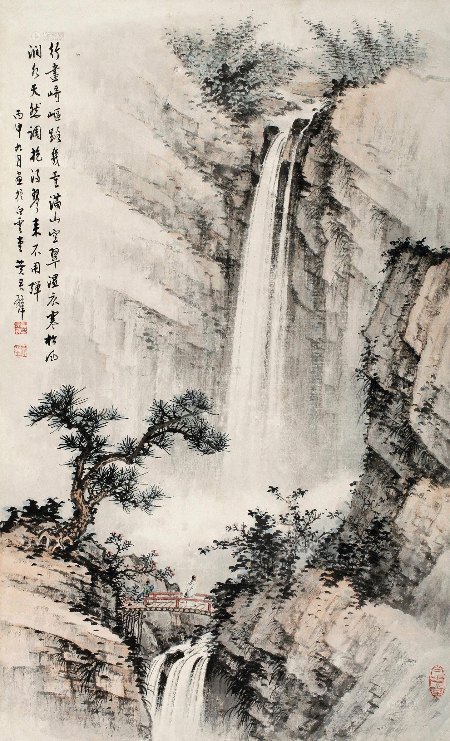 0388 1956年作 抱琴访友图 立轴 设色纸本