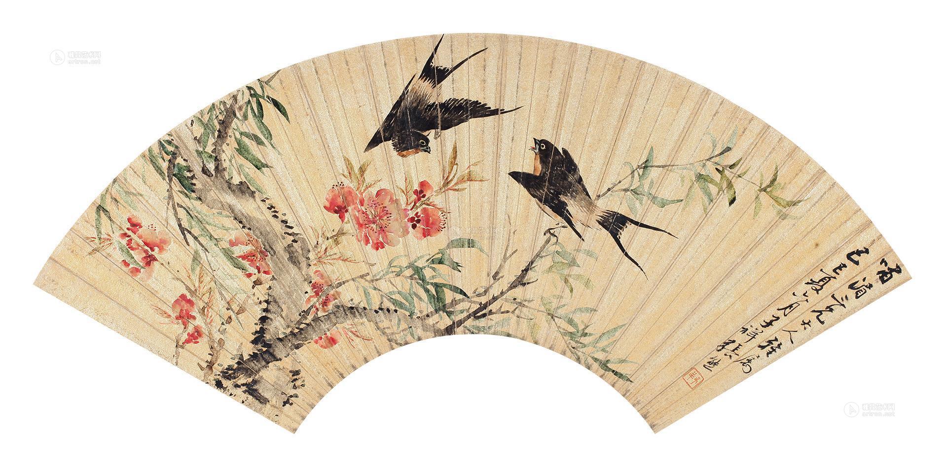 0334 1869年作 双燕桃花图 镜心 设色纸本