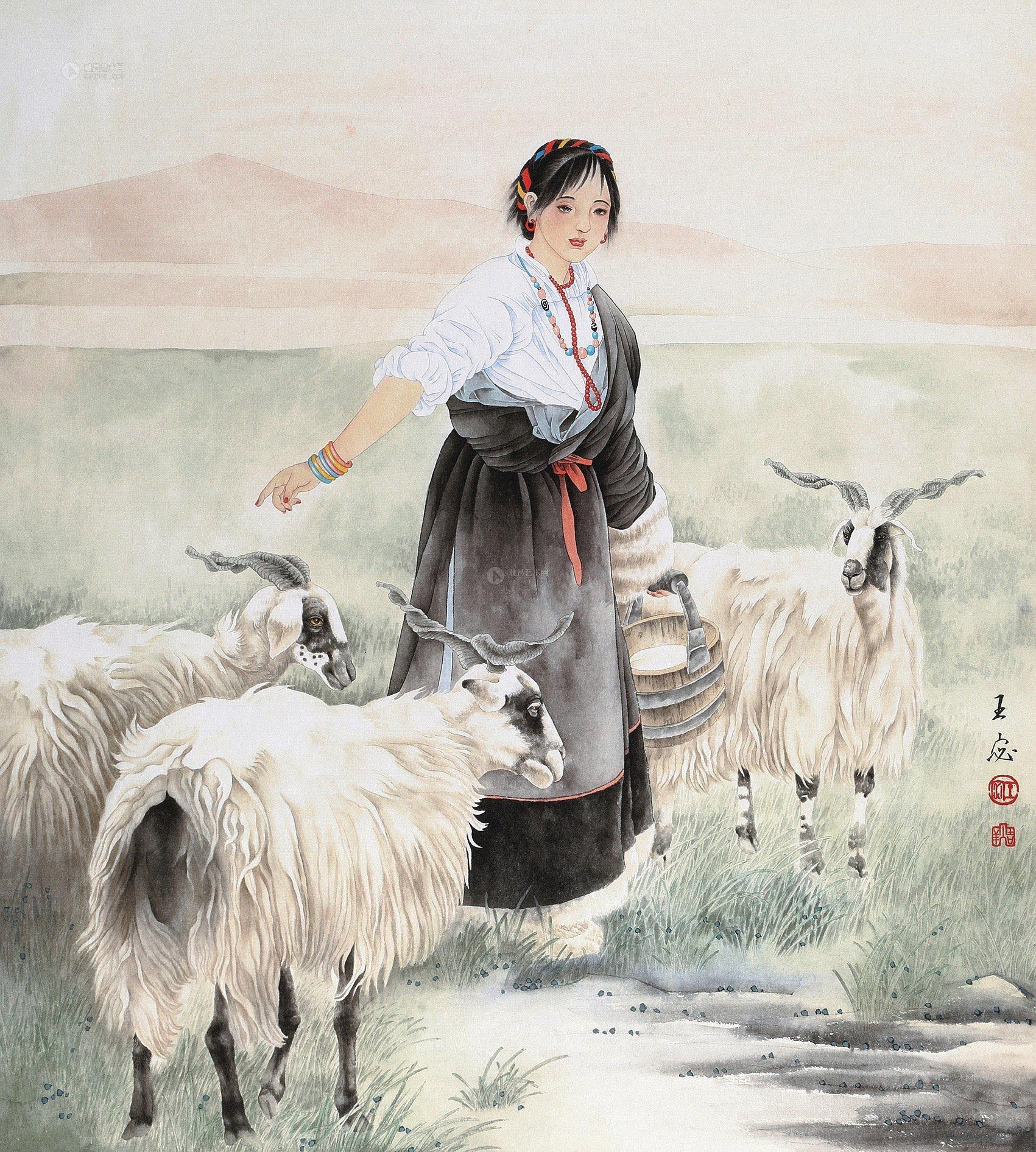 大草原牧羊人国画图片图片