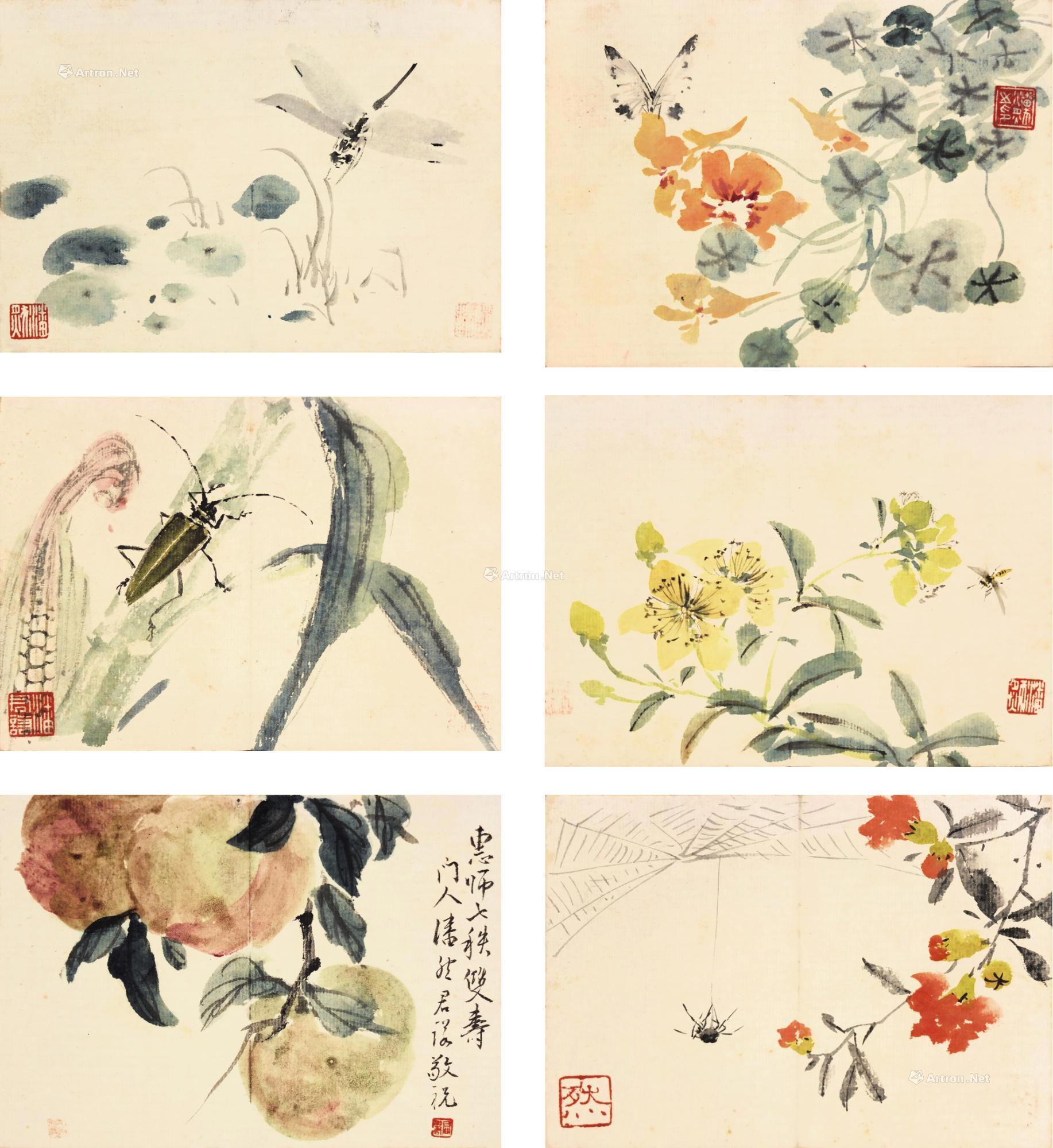 1222 1964年作 花卉草虫 册 (十二开) 设色纸本