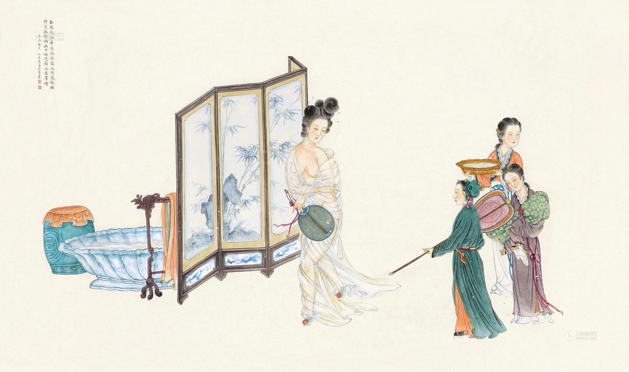 0187 庚辰(1940)年作 贵妃出浴 镜片 设色纸本