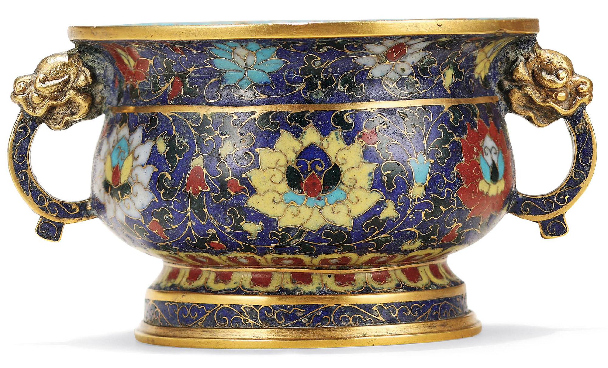 7934 明15世纪早期 铜胎掐丝珐琅缠枝莲纹兽耳簋式炉