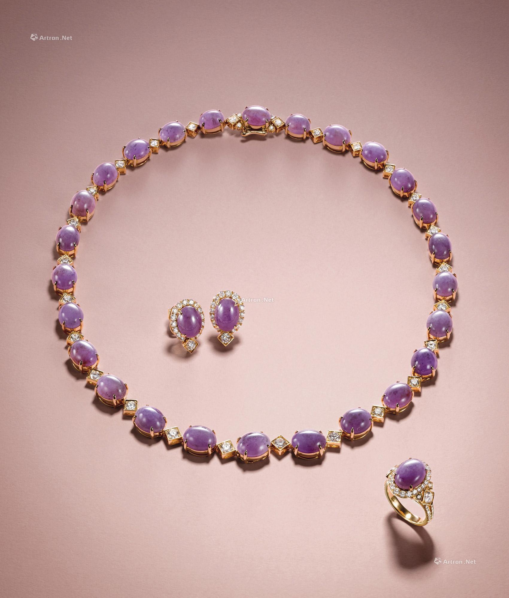 0884 紫罗兰翡翠钻石戒指/耳钉/项链套装