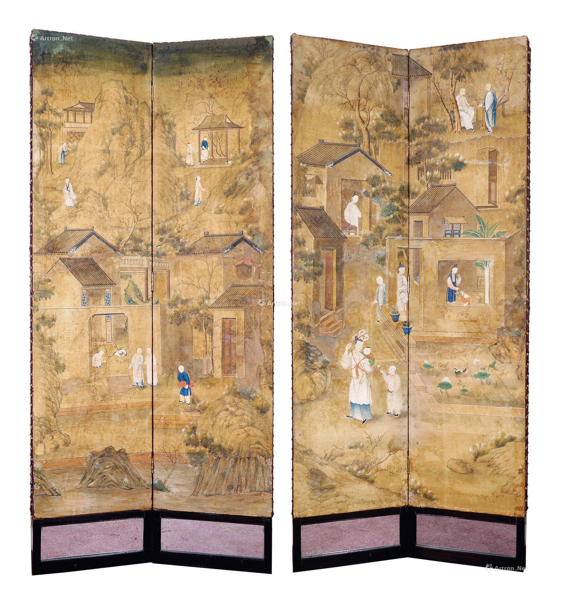 0900 清 楼阁人物 屏风 设色纸本