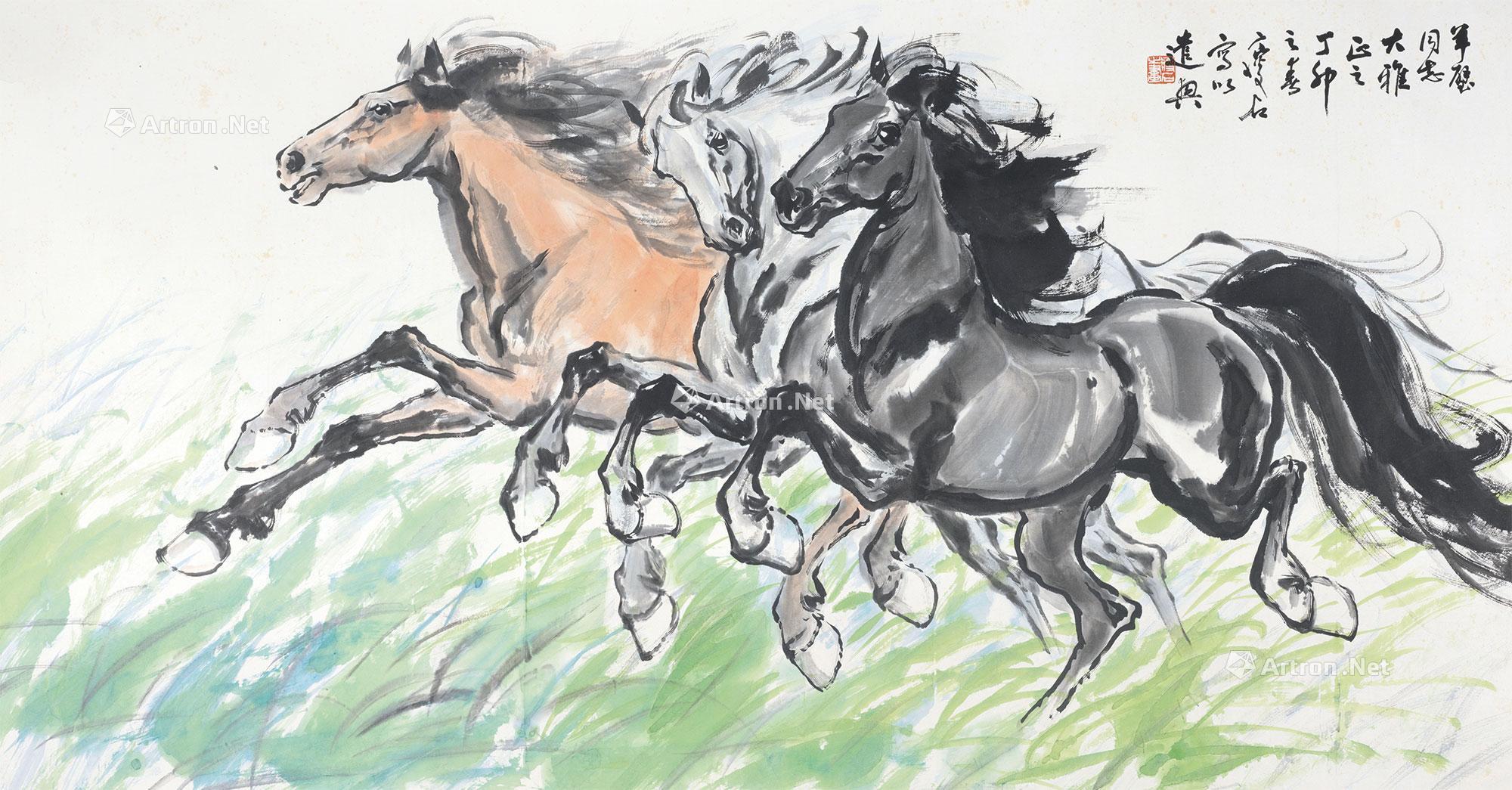 0568 三骏图 镜心 设色纸本