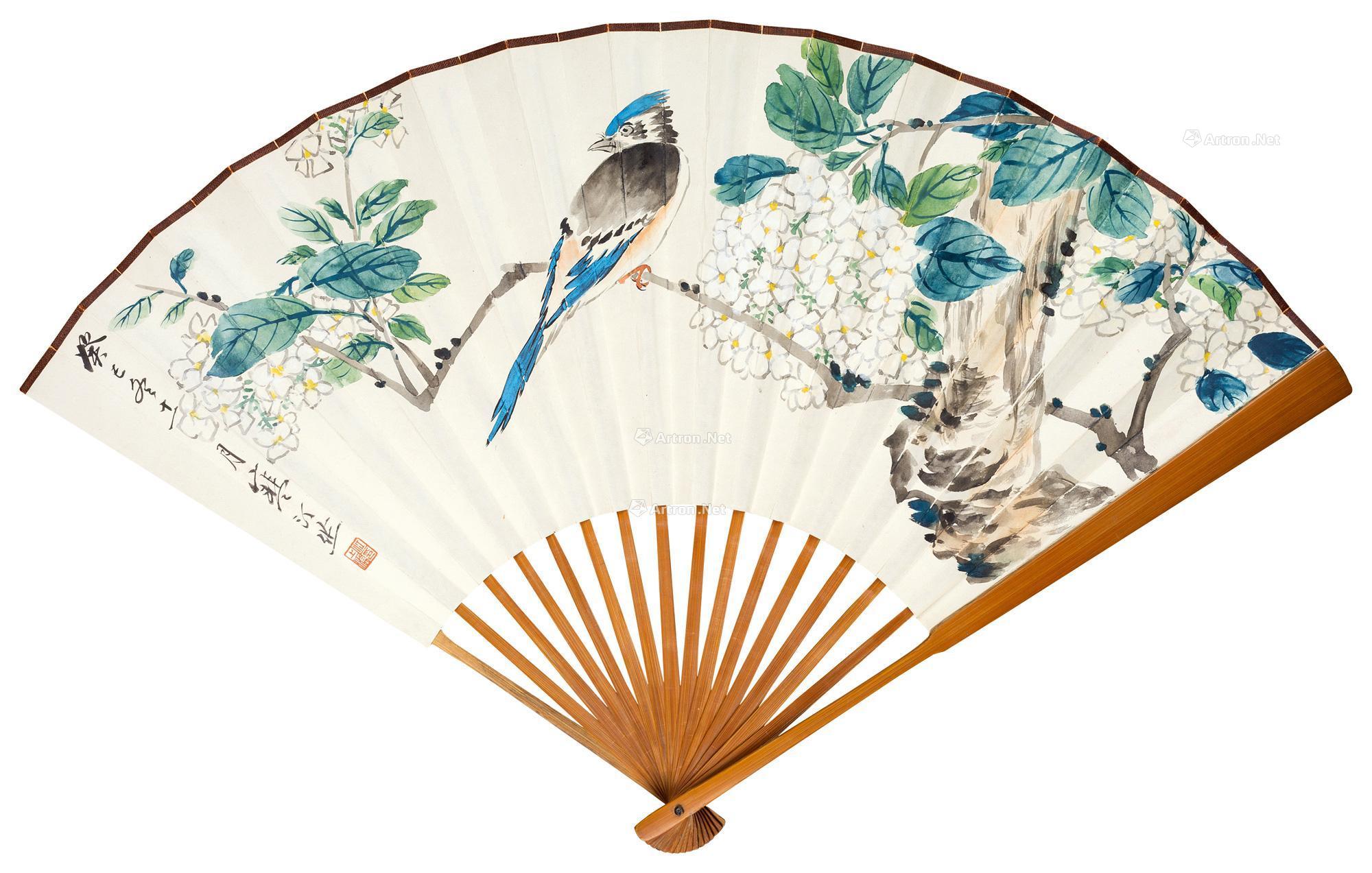 0980 癸巳(1953年)作 绣球翠鸟 成扇 纸本