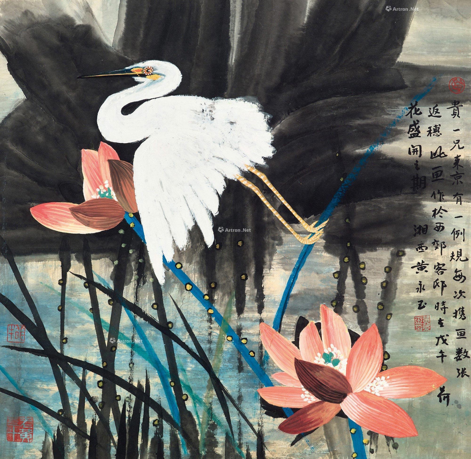 1451 1978年作 荷花白鹭 镜框 设色纸本