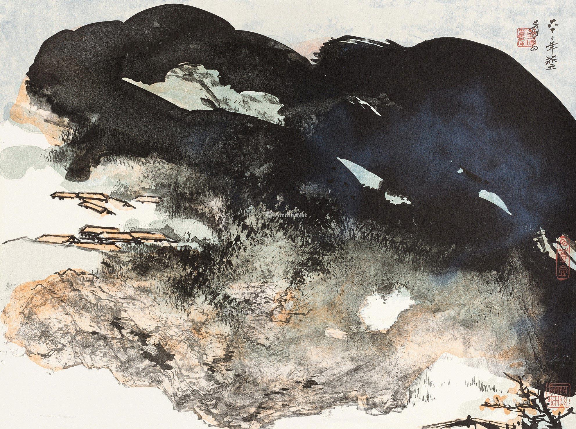 0371 山水(石版画) 镜片 设色纸本