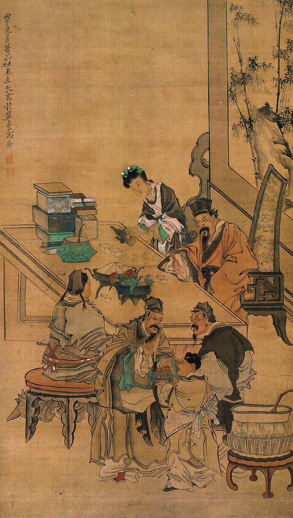 0204 1876年作 饮酒赏花 立轴 设色绢本