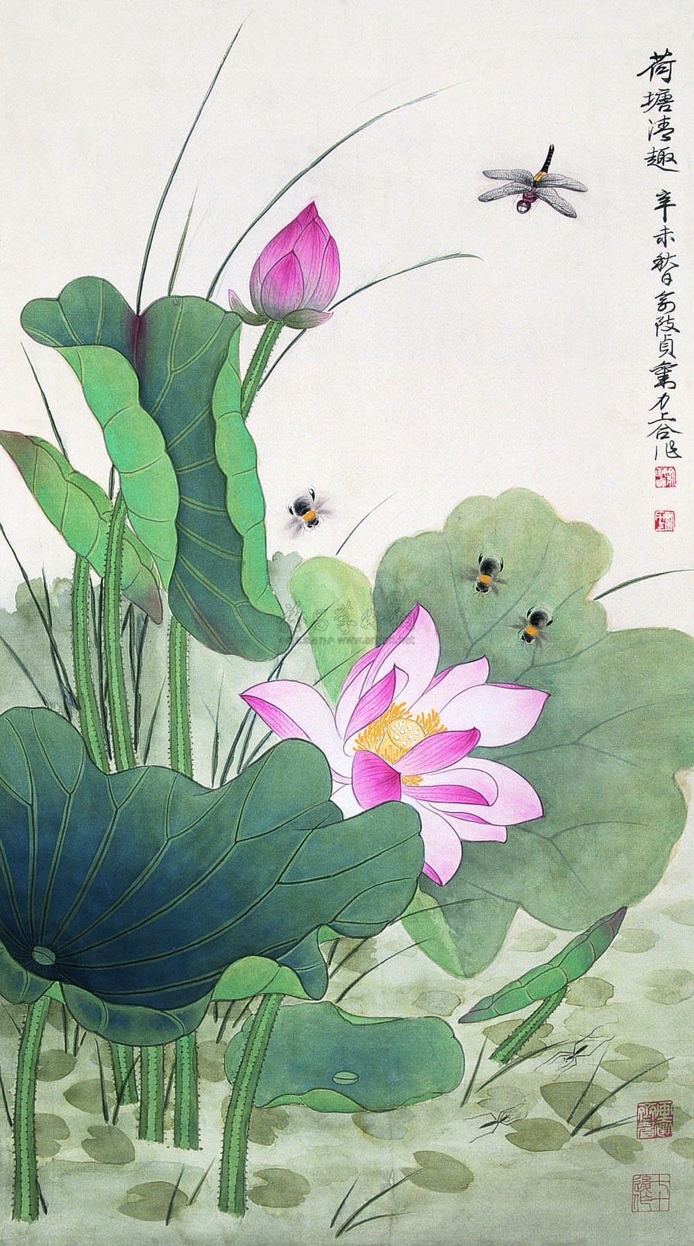 0084 1991年作 荷塘清趣 立轴 设色绢本