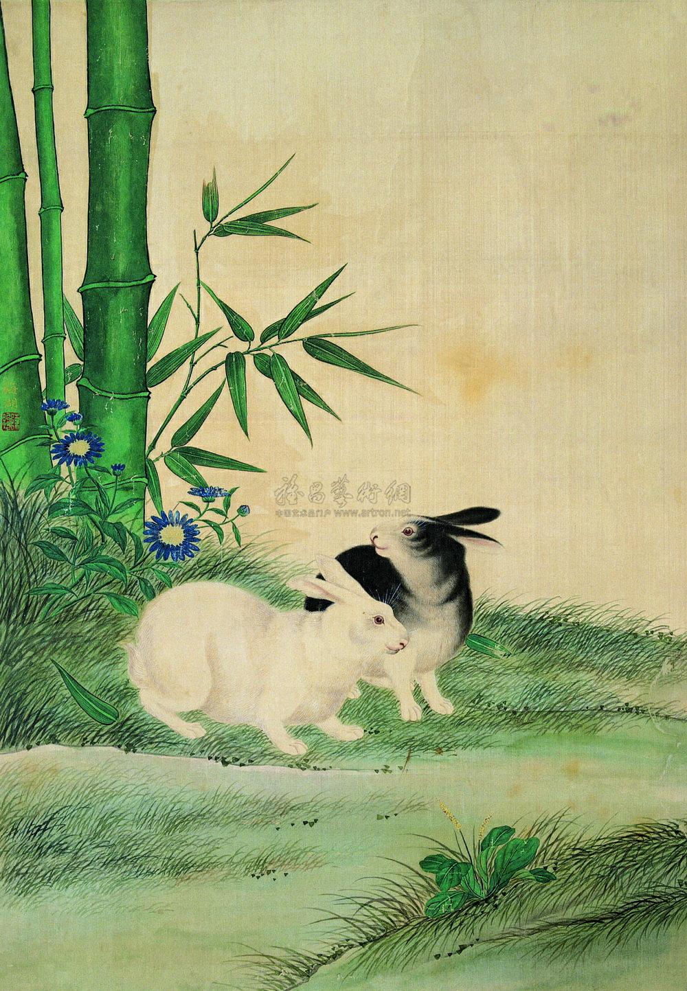 0641 翠竹双兔 立轴 设色纸本
