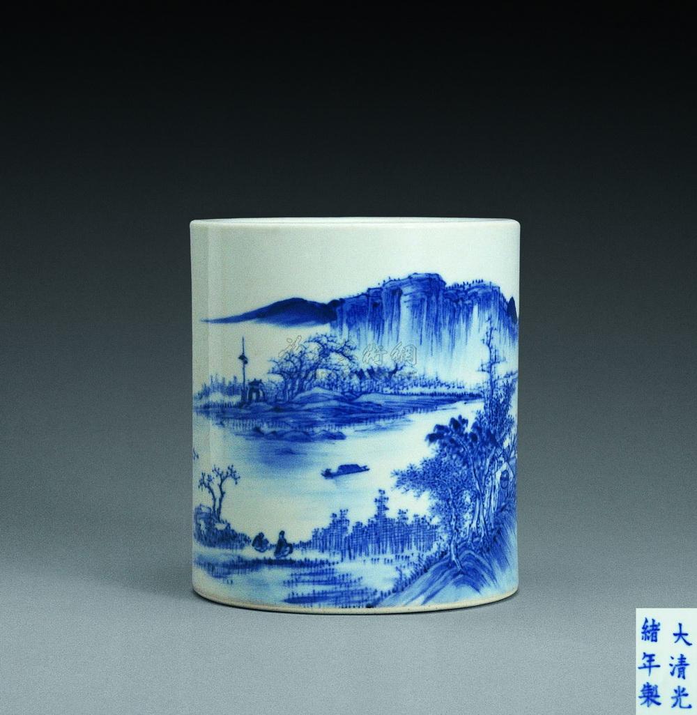 【清光绪 青花山水图笔筒】拍卖品_图片_价格_鉴赏_清代青花瓷器_雅昌