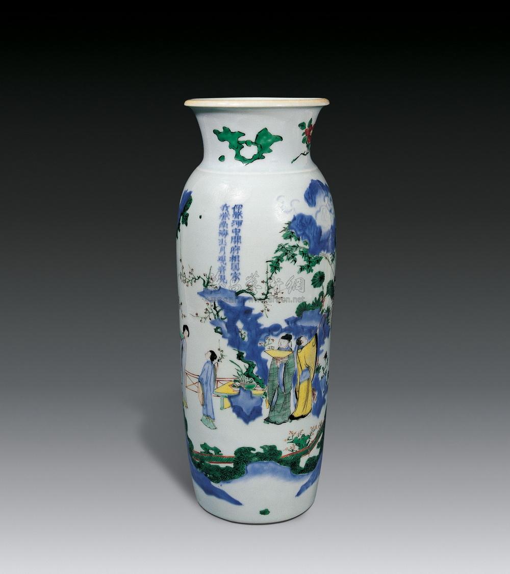 0412 明崇祯 青花五彩人物故事纹筒瓶