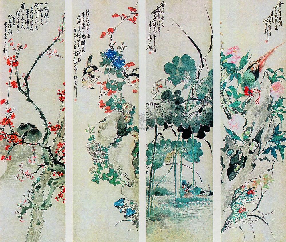 0430 四季花鸟图 四屏 纸本设色