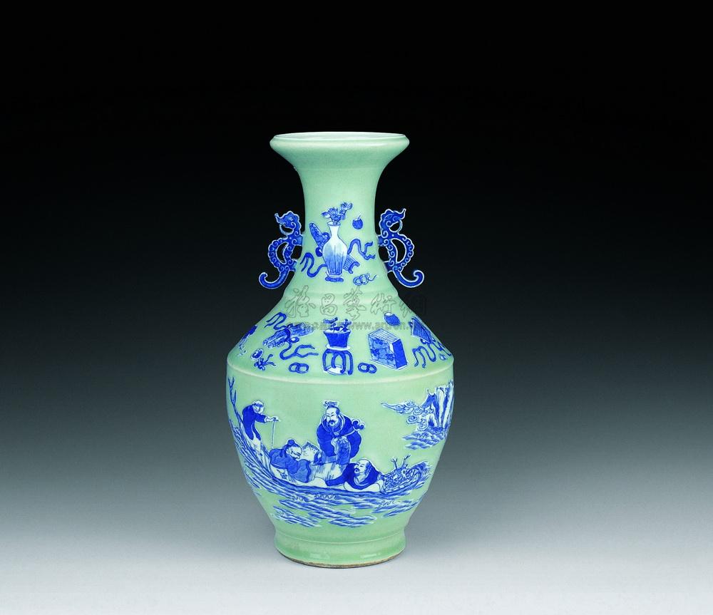 豆青釉青花人物双耳瓶】拍卖品_图片_价格_鉴赏_清代其它彩釉瓷器