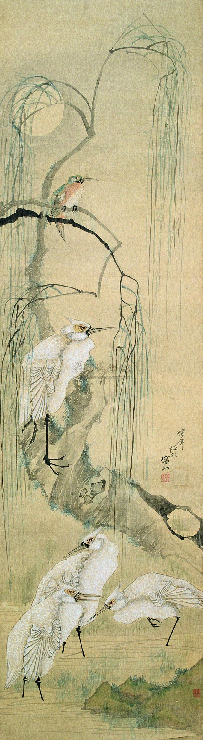 【柳月白鹭 立轴 设色绢本】拍卖品_图片_价格_鉴赏_绘画_雅昌艺术品