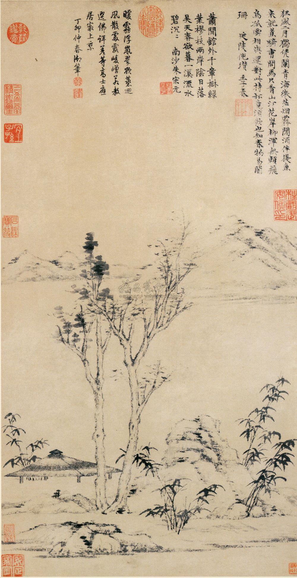 0948 1372年作 疏林亭子 水墨纸本