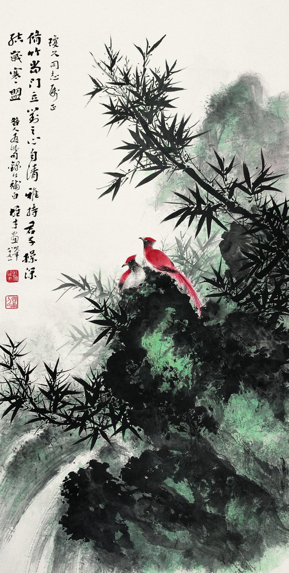 0350 1990年作 寿带鸟 立轴 设色纸本