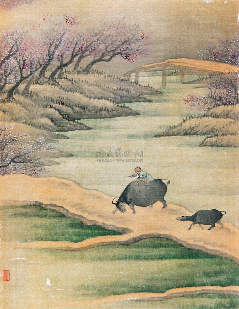1114 牧牛图 镜心 绢本