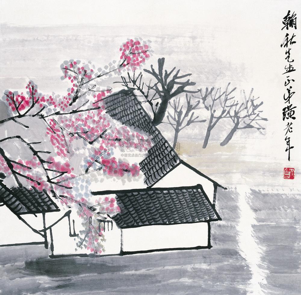 0595 桃林人家 立轴 设色纸本