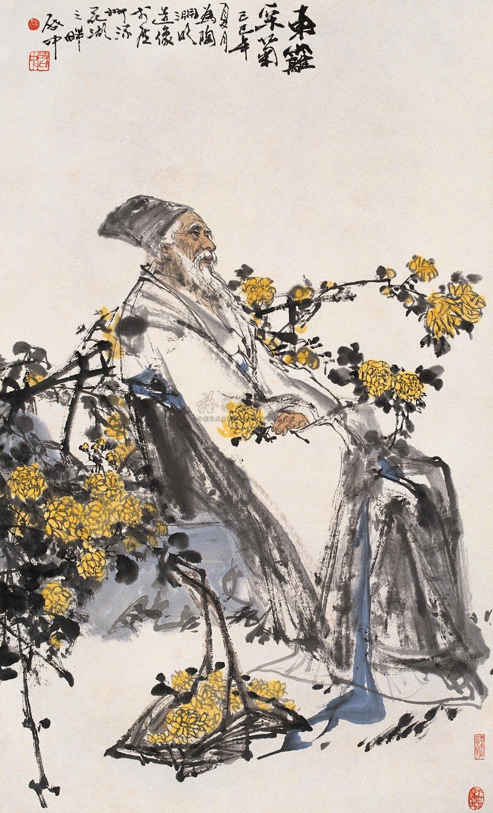1782 1989年作 东篱采菊图 立轴 设色纸本