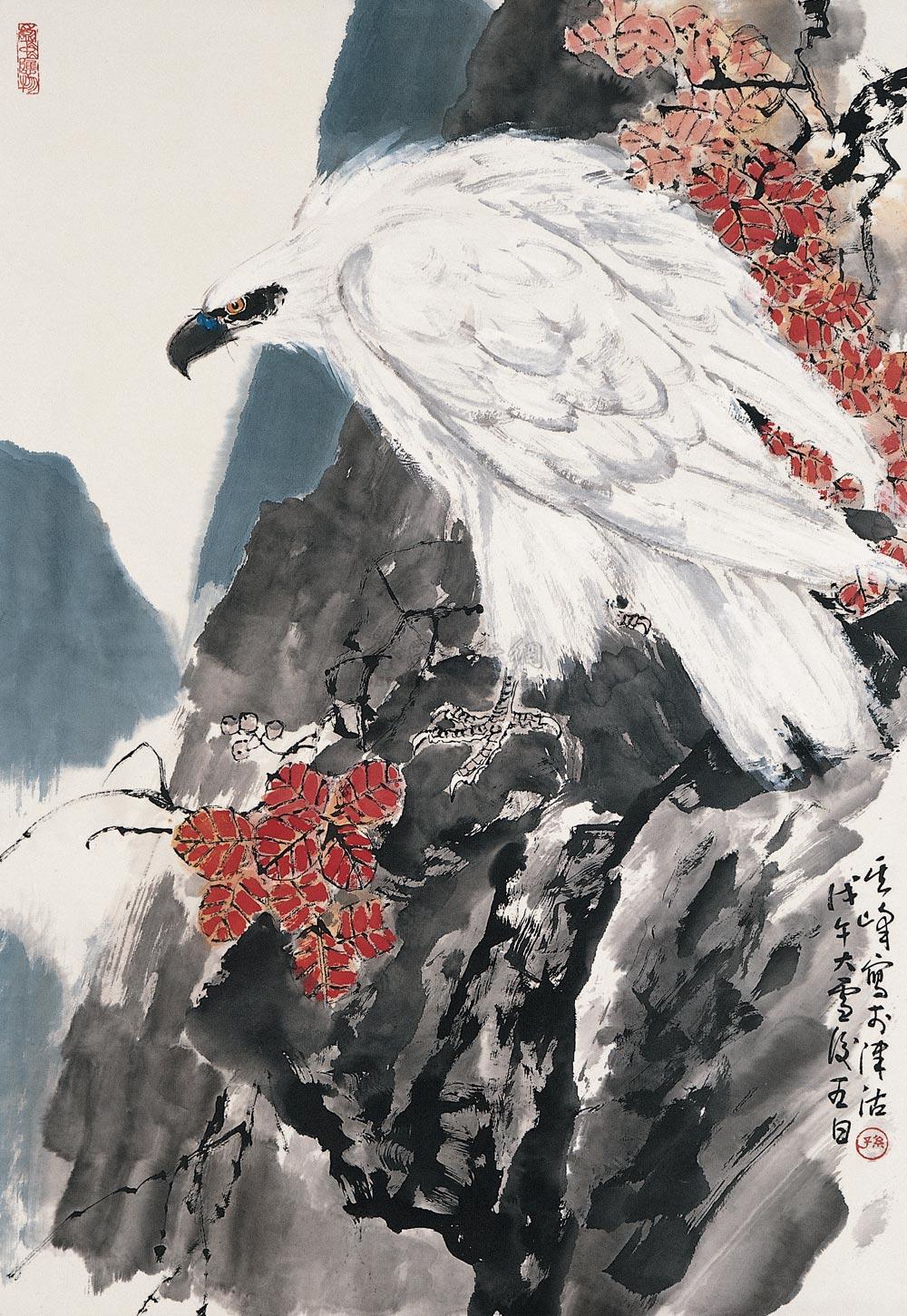 0102 红叶白鹰 立轴 纸本设色