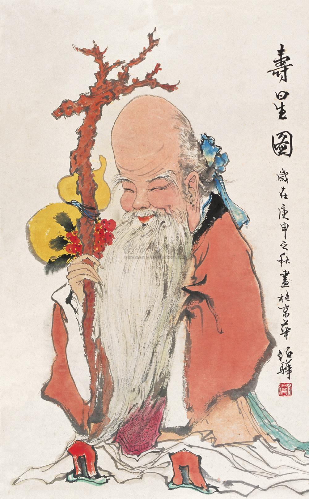 0686 1980年作 寿星图 立轴 设色纸本