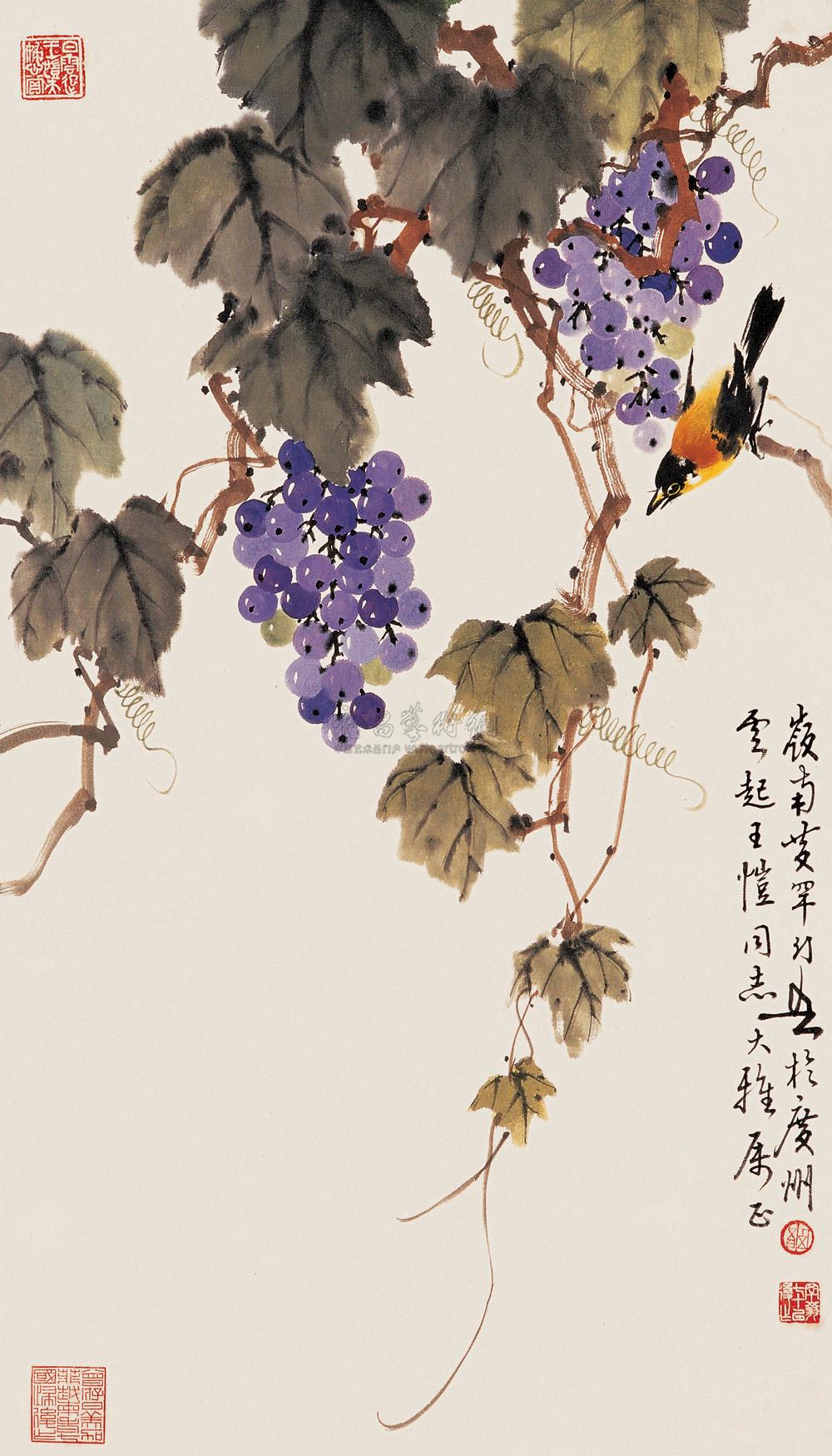 0291 葡萄小鸟 立轴 设色纸本