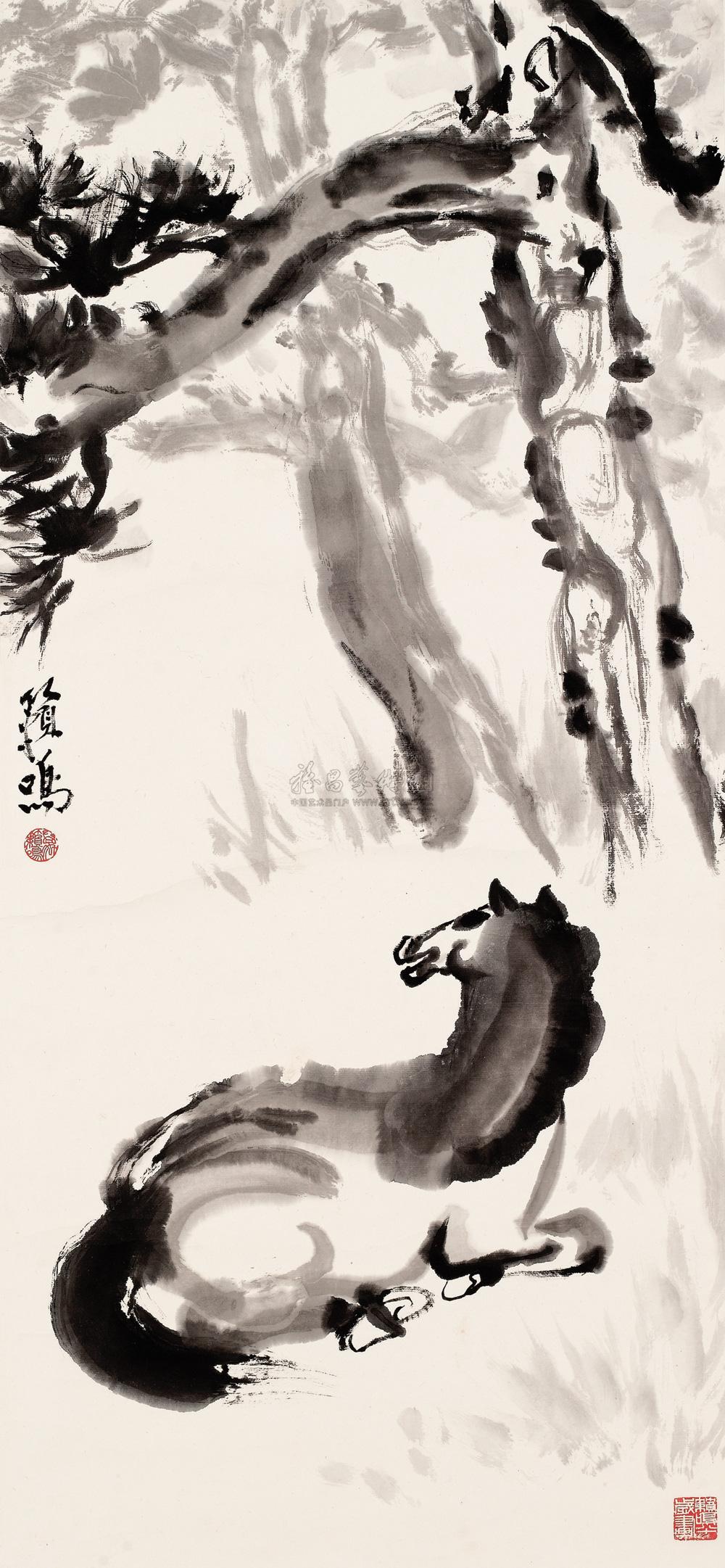 0280 松下卧马图 轴 水墨纸本