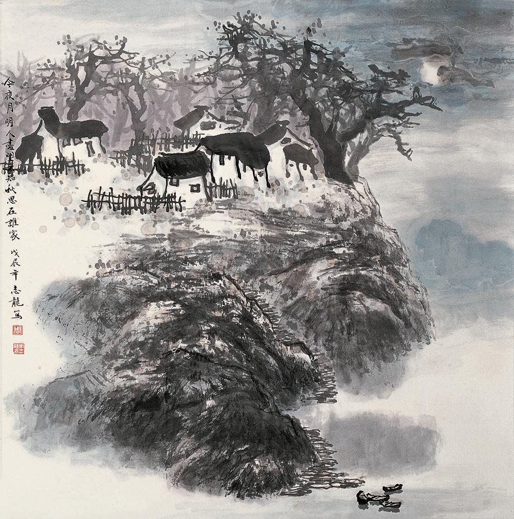 0123 戊辰(1988年)作 秋夜月明 立轴 设色纸本