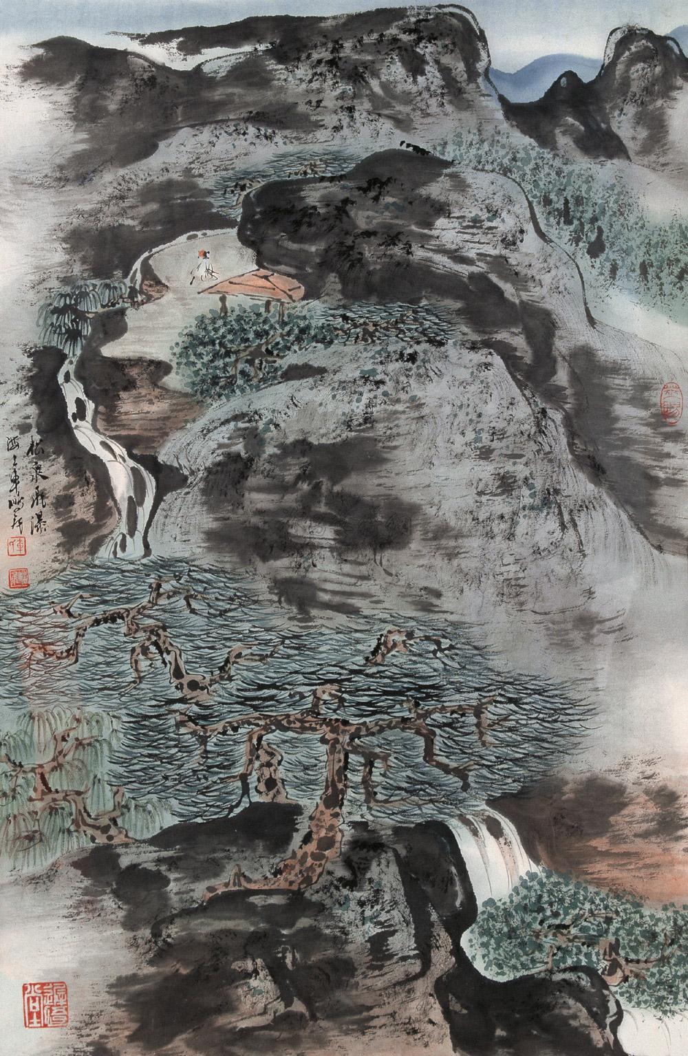 【松泉飞瀑图 镜心 设色纸本】拍卖品_图片_价格_鉴赏_绘画_雅昌艺术