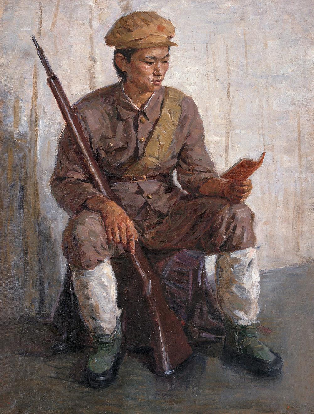 0071 军人爱读红宝书 布面 油画