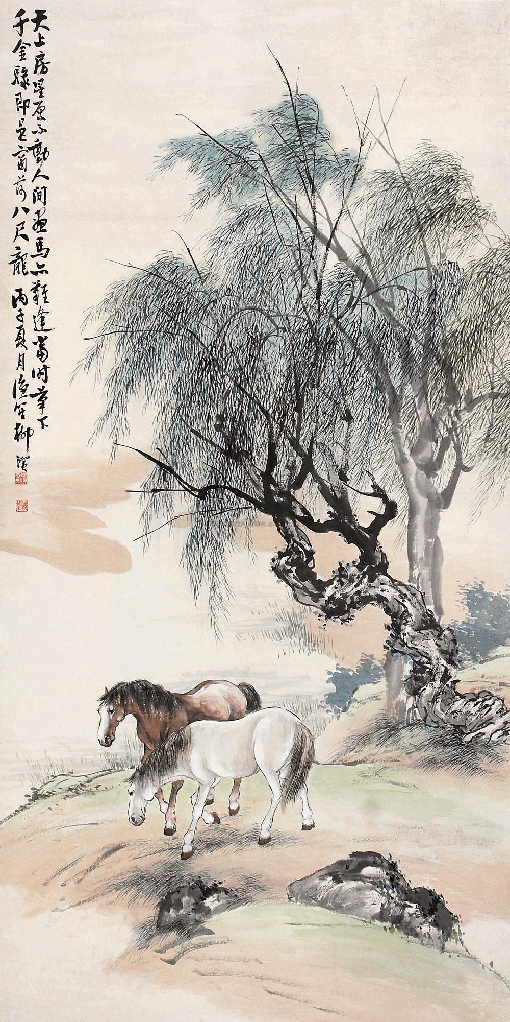 0600 双马图 立轴 设色纸本