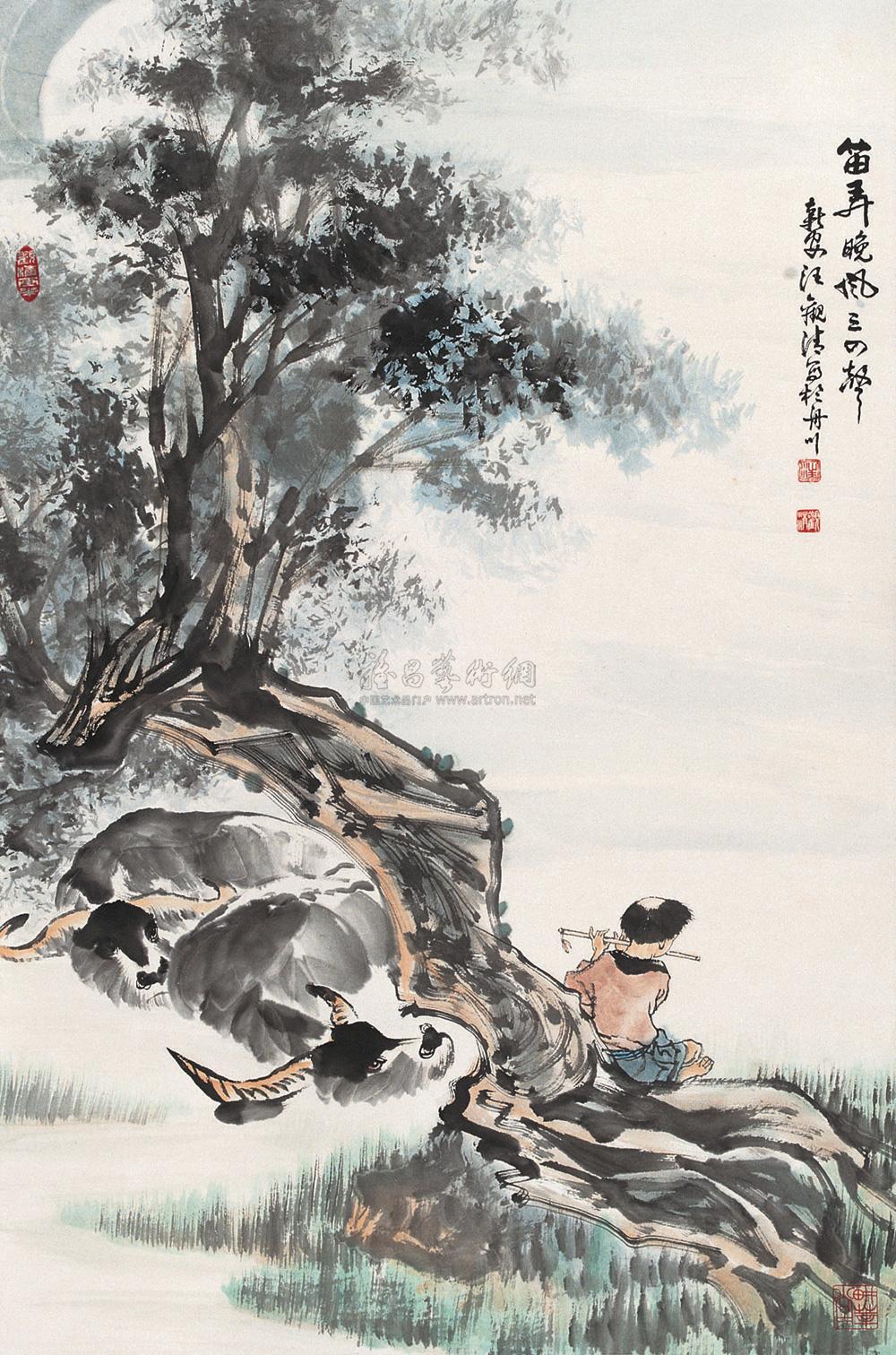 0113 笛童牧牛图 立轴 设色纸本