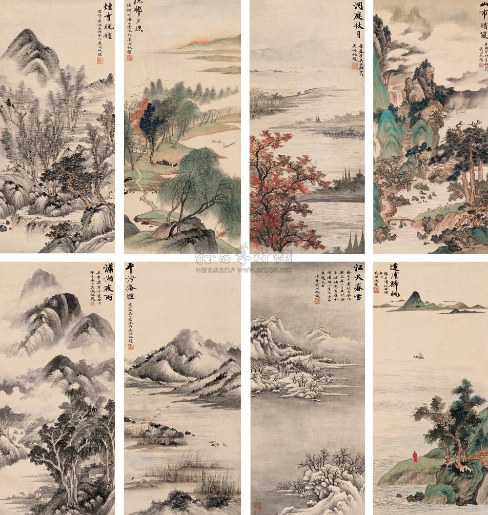 0896 癸未(1943年)作 潇湘八景 八屏 水墨,设色纸本