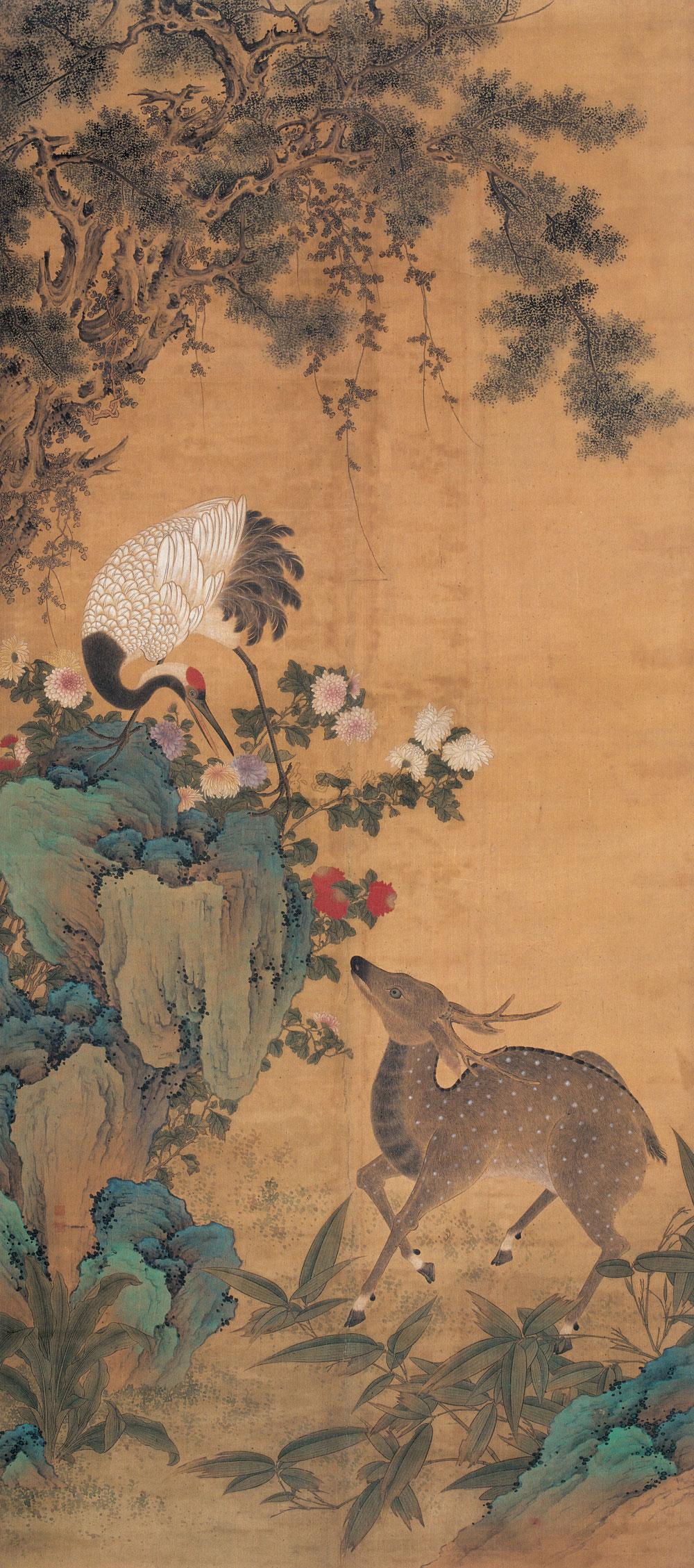 1813 鹤鹿同春 立轴 设色绢本