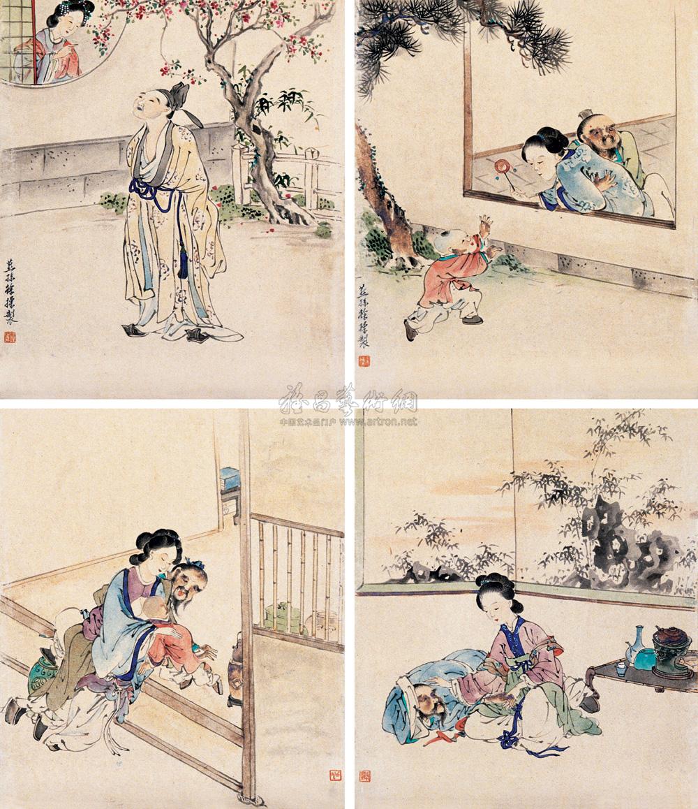 0383 春闺图 (十二帧选四) 镜片 设色纸本