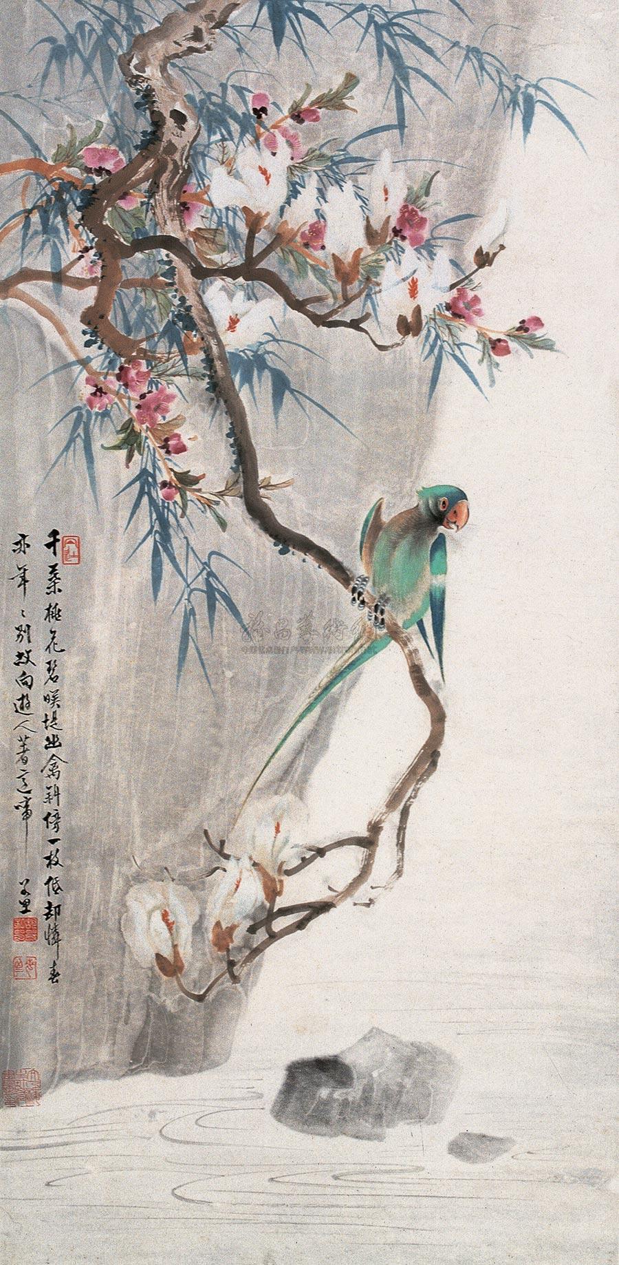 0319 竹桃鹦鹉图 立轴 设色纸本