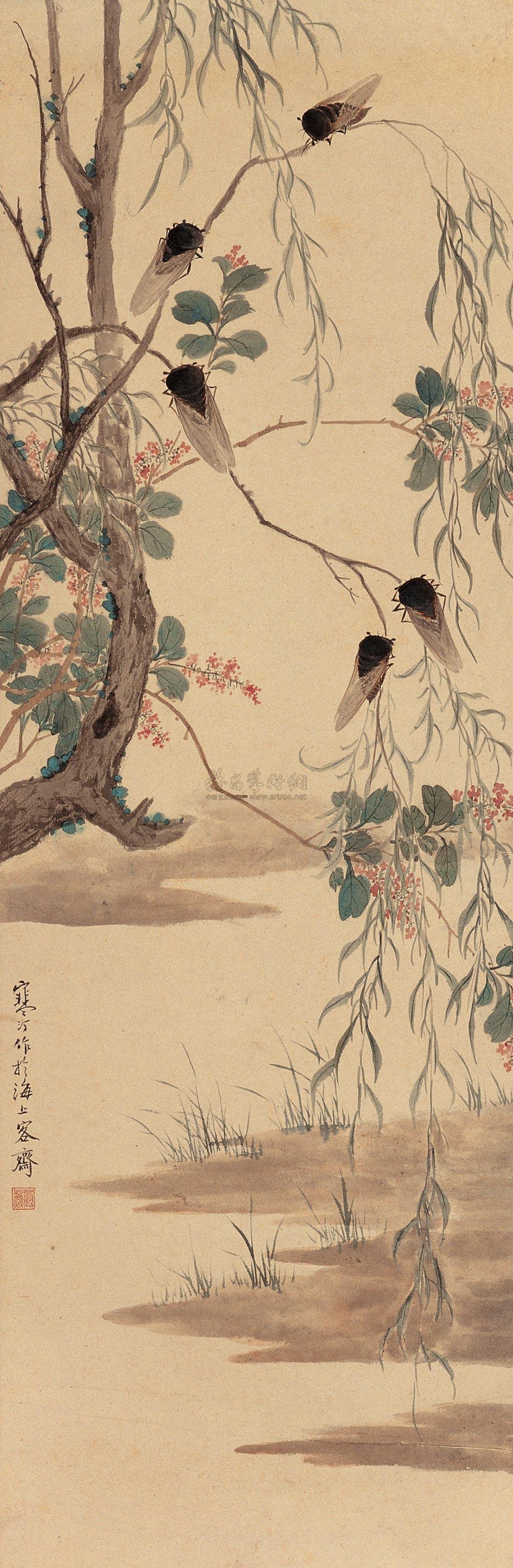 1124 柳阴鸣蝉 立轴 设色纸本