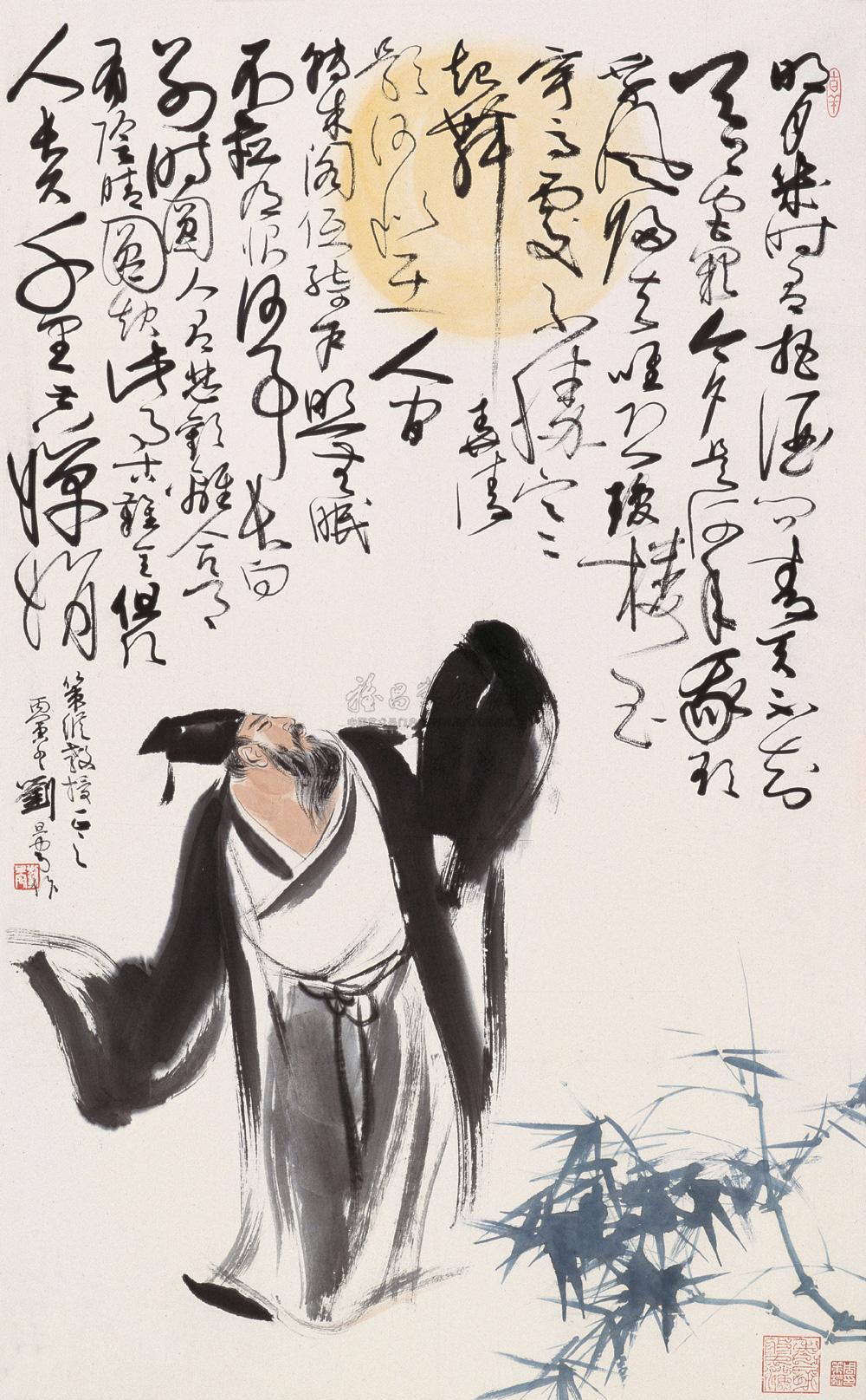 1500 丙寅(1986年)作 苏东坡《水调歌头》词意 立轴 设色纸本