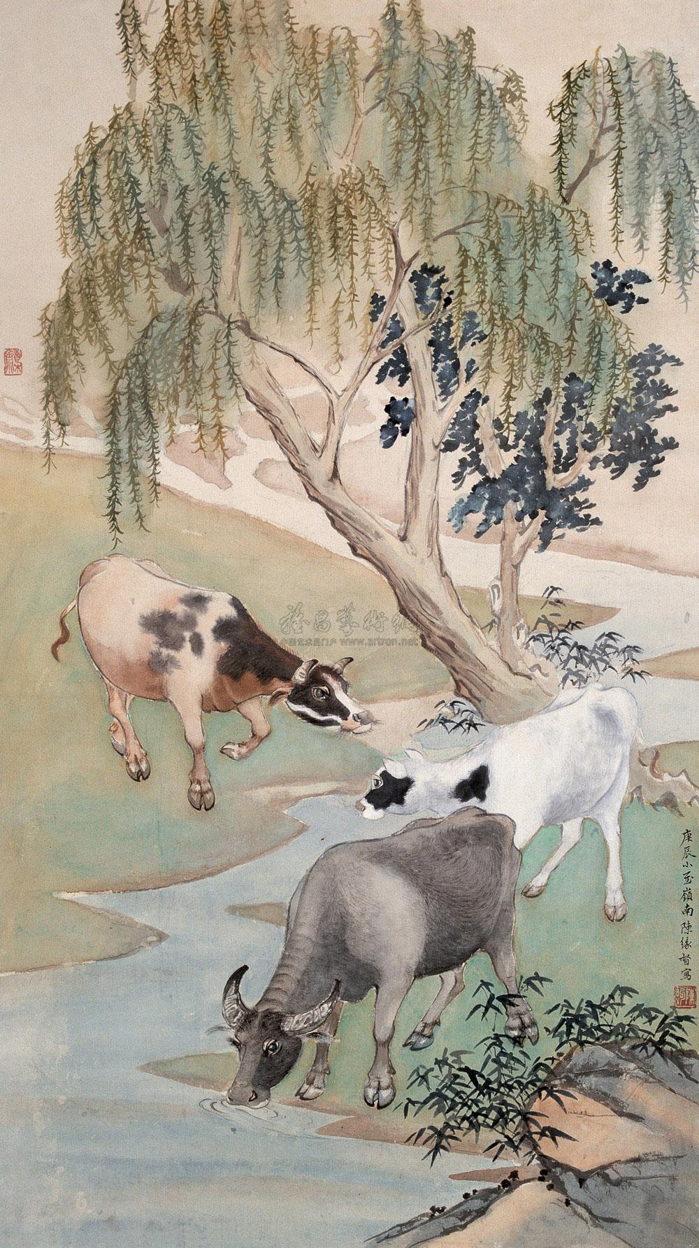 0400 1940年作 三牛图 立轴 设色纸本