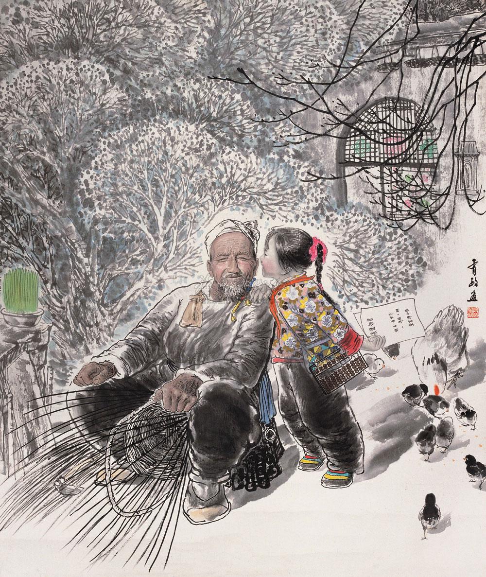 0653 人物画《悄悄话》 镜心 纸本