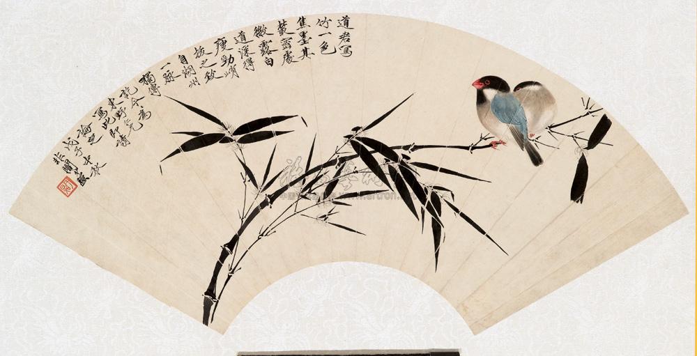 0129 1948年作 竹鸟图 扇面镜心 设色纸本