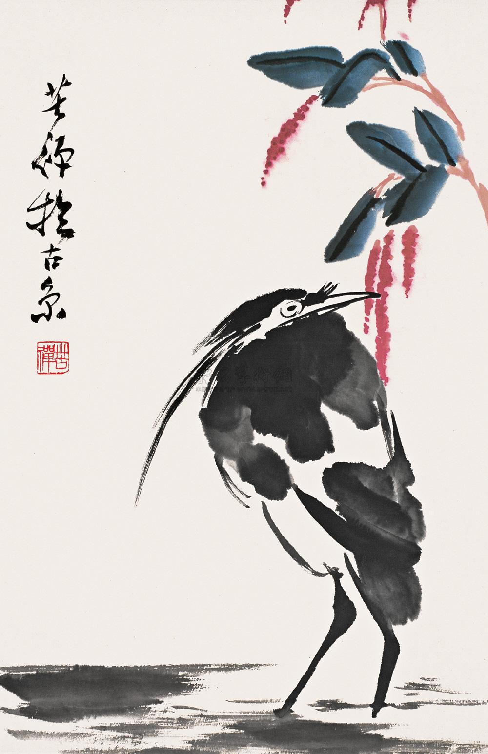 0112 红蓼立鹭 立轴 设色纸本