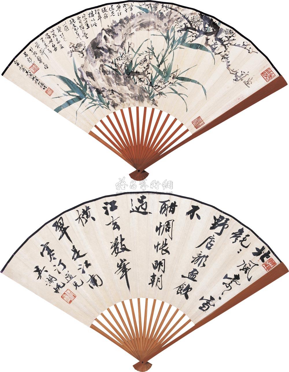 0314 1948年;1949年作 梅竹图 行书七言绝句 成扇 设色纸本 书法纸本